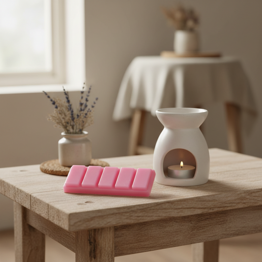 A pink wax melt bar set arranged on a light wood table next to a white ceramic tea light holder with a candle inside, in a softly lit room.