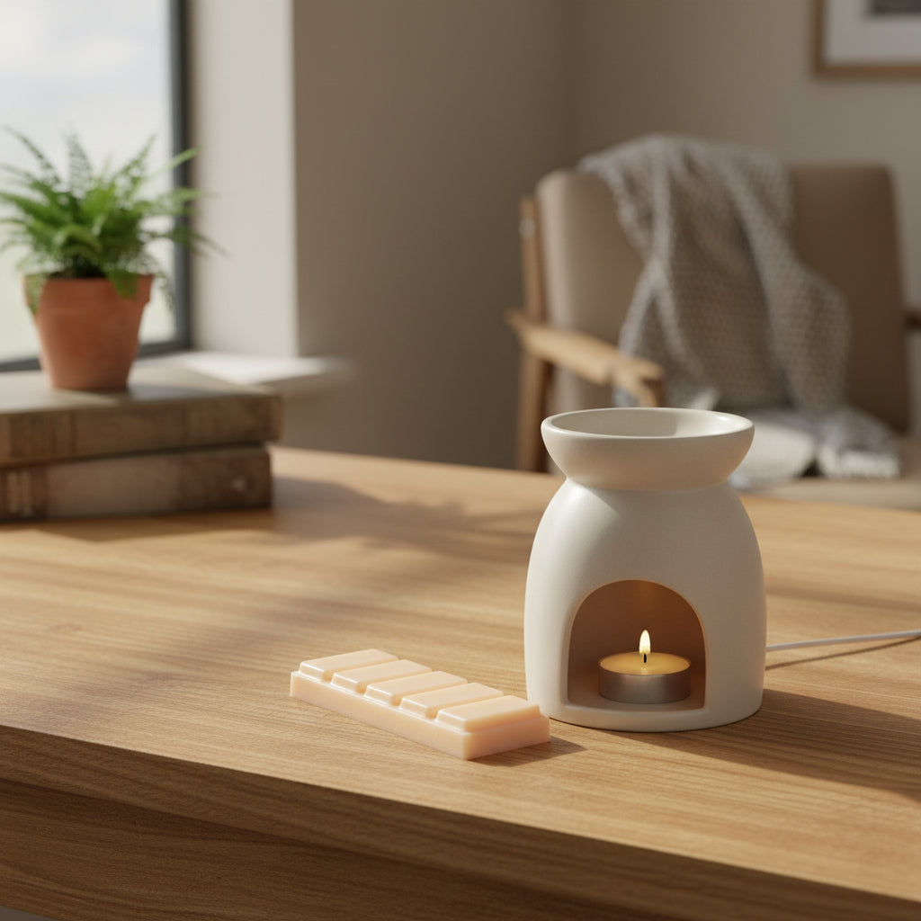 A rectangular beige wax melt bar with five horizontal sections, shown in a home next to a wax melter