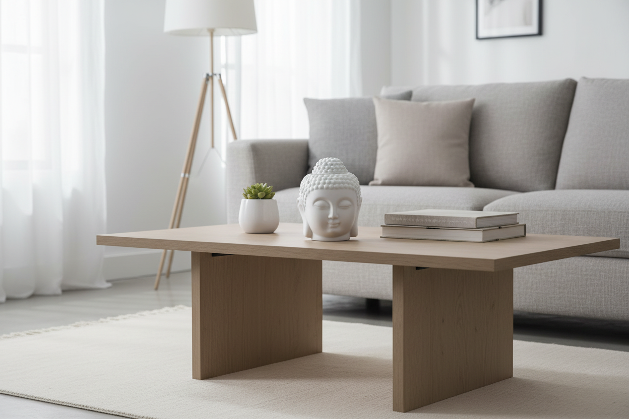 Modern living room with a wooden coffee table, gray sofa, and decorative items including Buddha Head Oil Burner.
