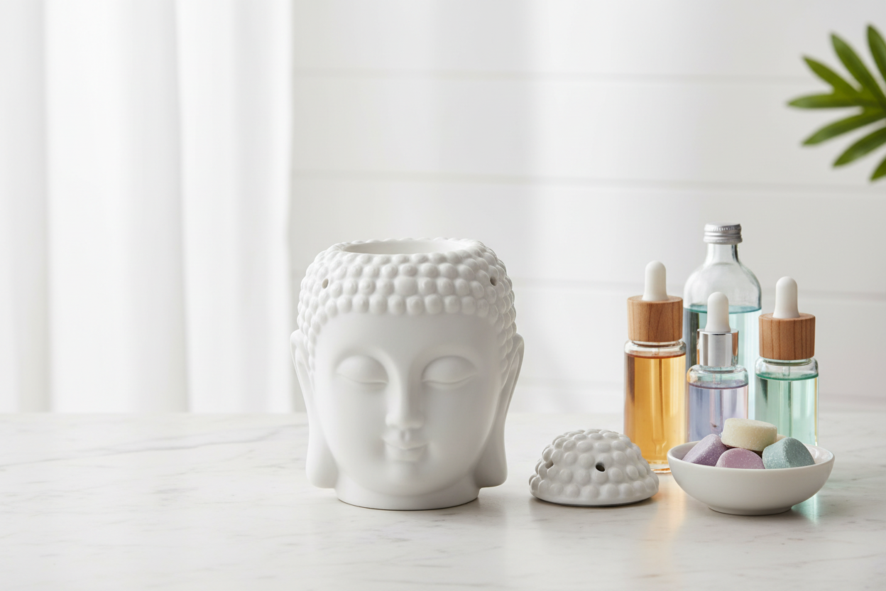 White ceramic Buddha head diffuser with essential oil bottles and containers on a light surface.