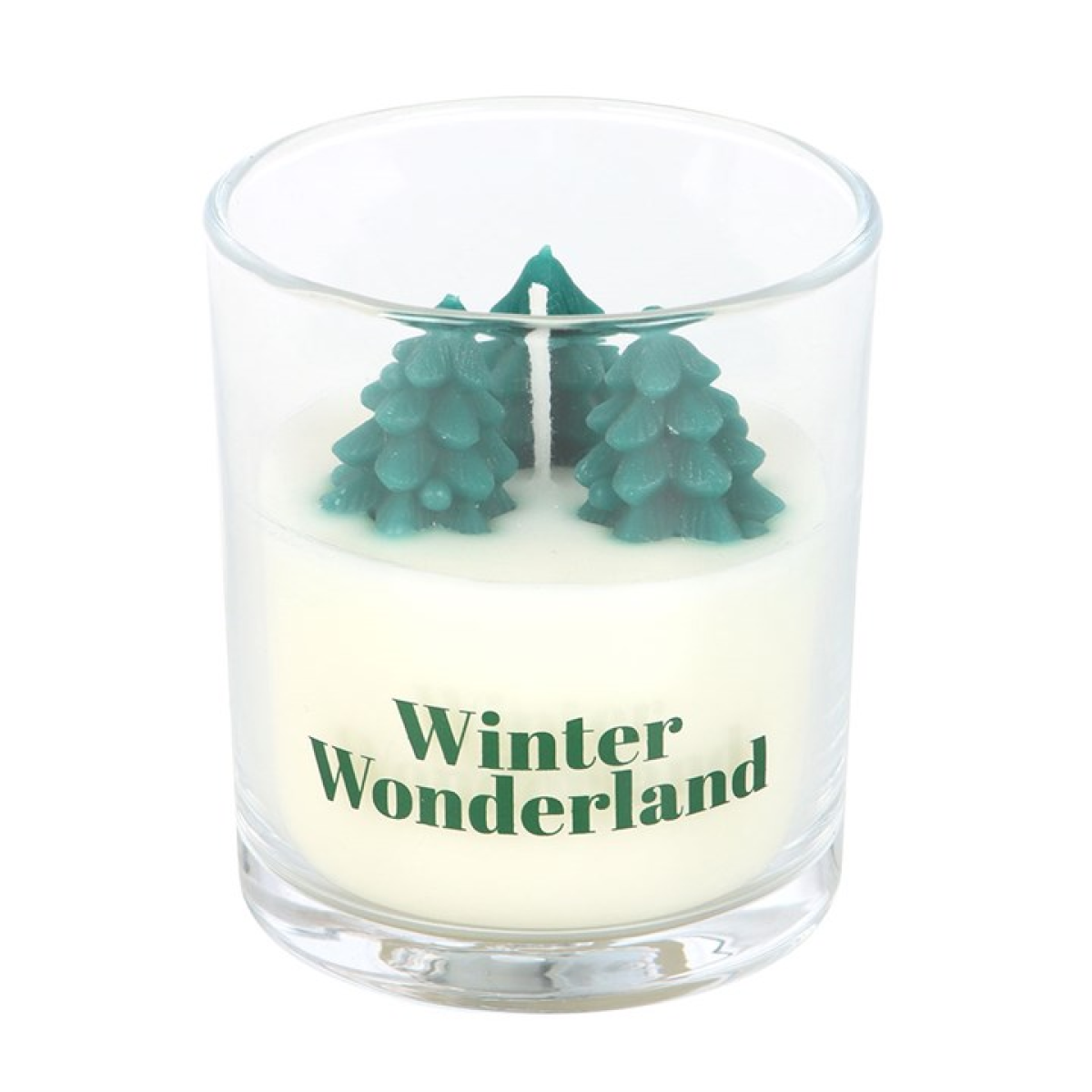 Candle in a glass jar with 'Winter Wonderland' text and tree-shaped wax elements on a white background