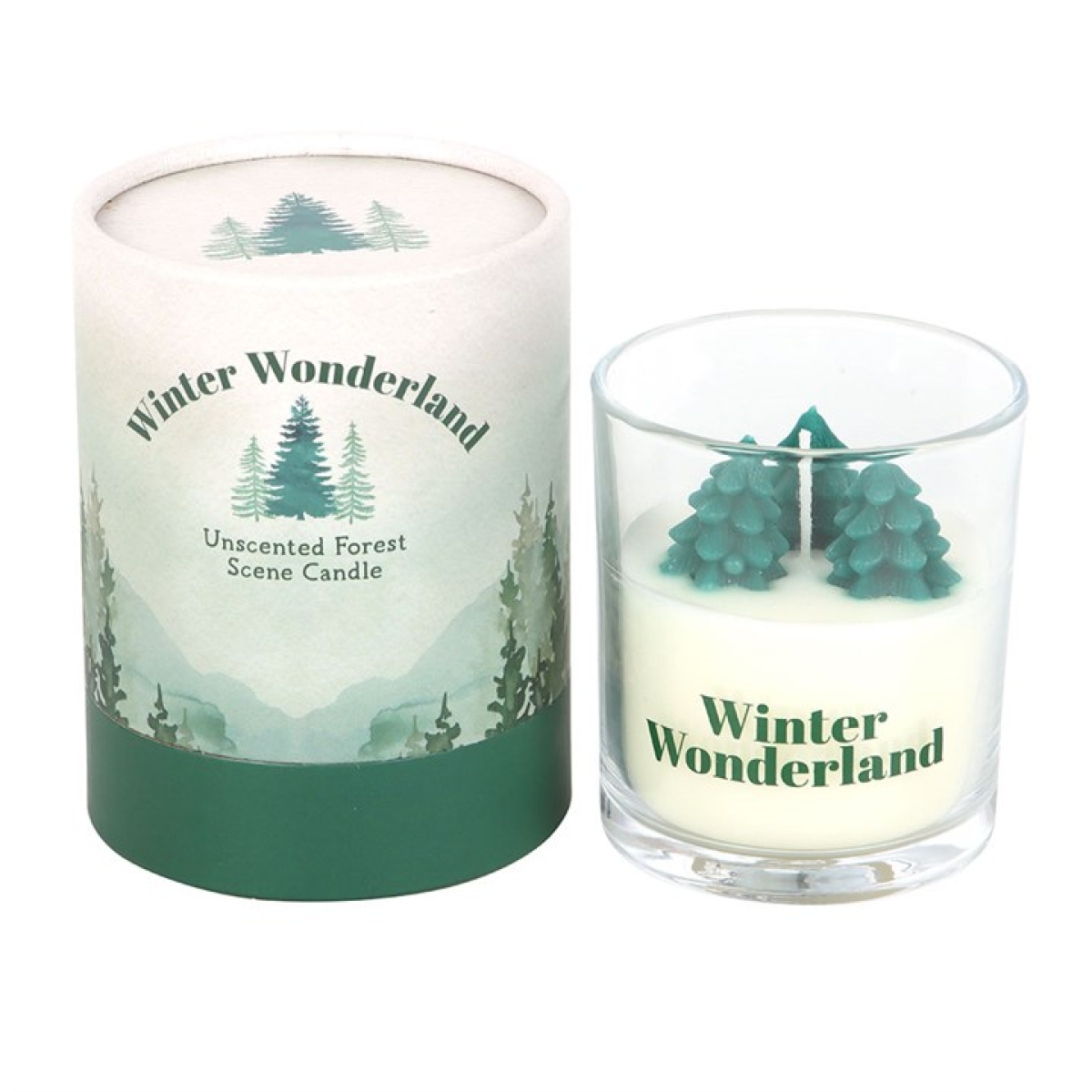 Candle with 'Winter Wonderland' text and forest design on a white background