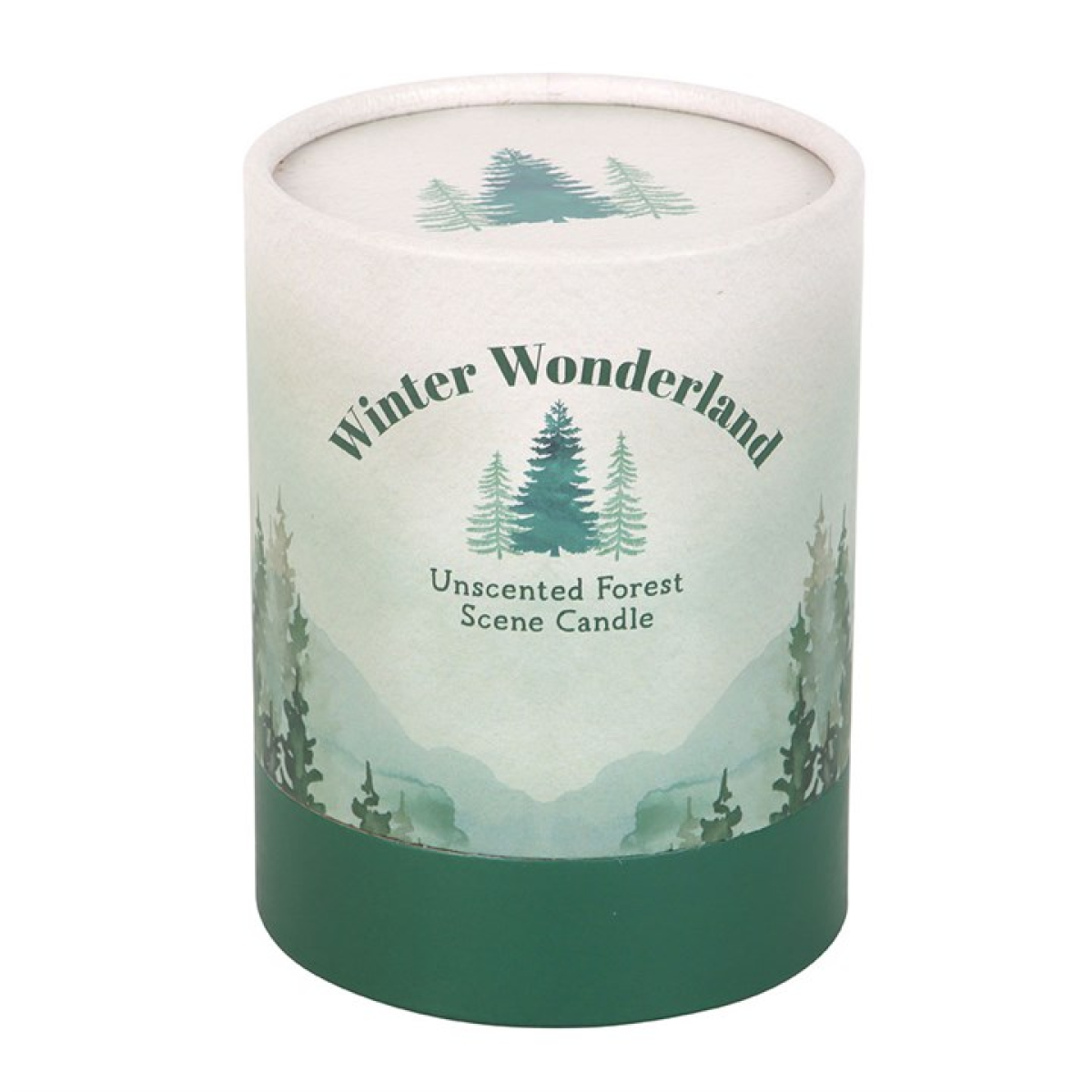 Candle with 'Winter Wonderland' design and forest scene on a white background