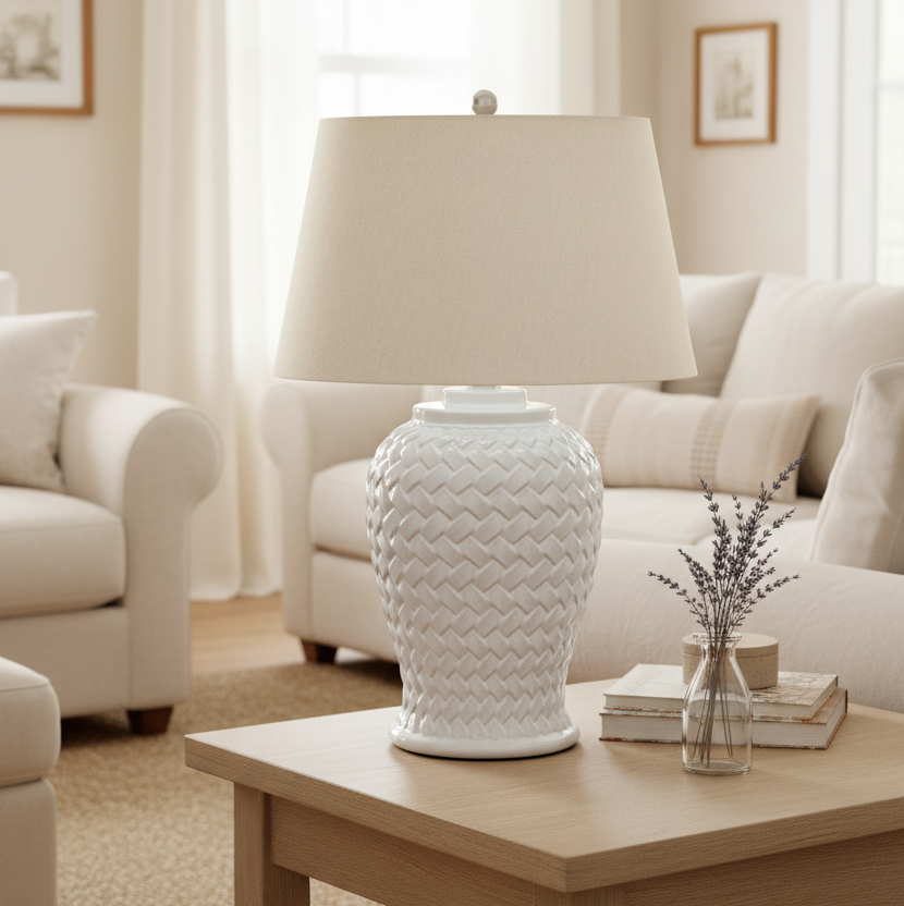 Woven Ceramic Table Lamp With Linen Shade
