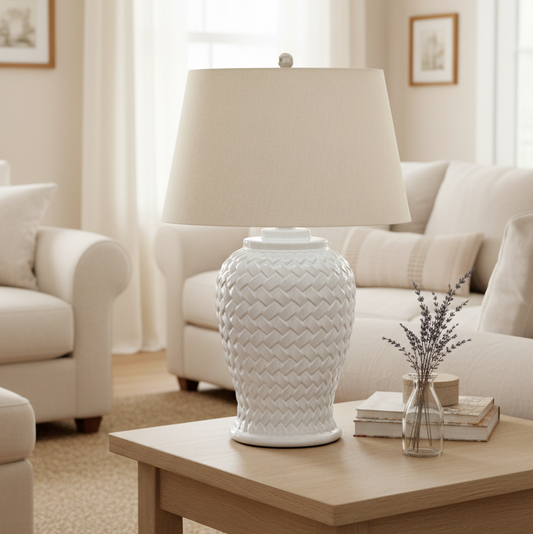 Woven Ceramic Table Lamp With Linen Shade