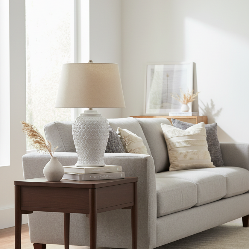 Woven Ceramic Table Lamp With Linen Shade