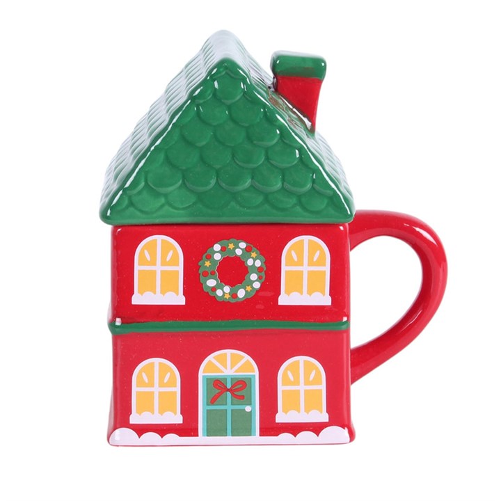 Red Christmas House Lidded Mug