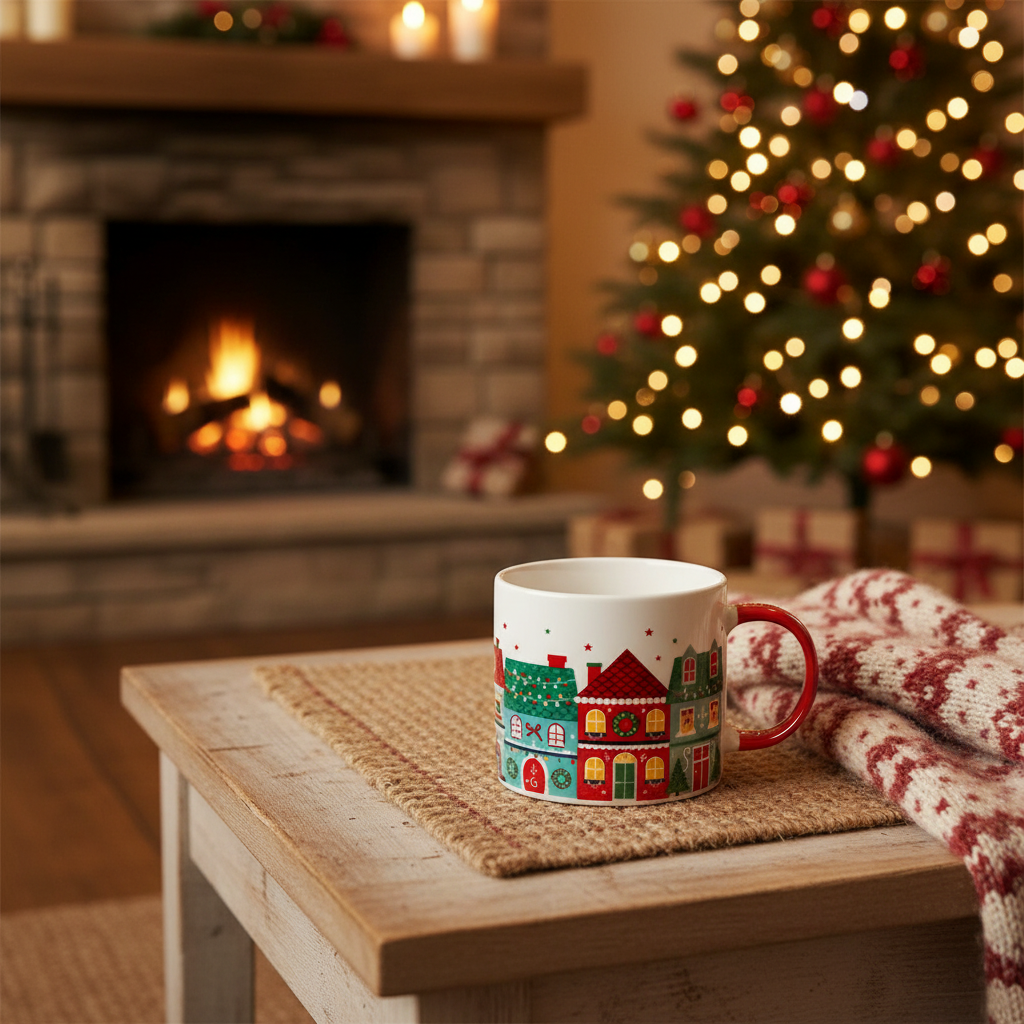 A white ceramic mug with a colorful Christmas village illustration sits on a woven placemat on a wooden table, next to a red-and-white knit sweater, with a blurred fireplace and lit Christmas tree in the background.