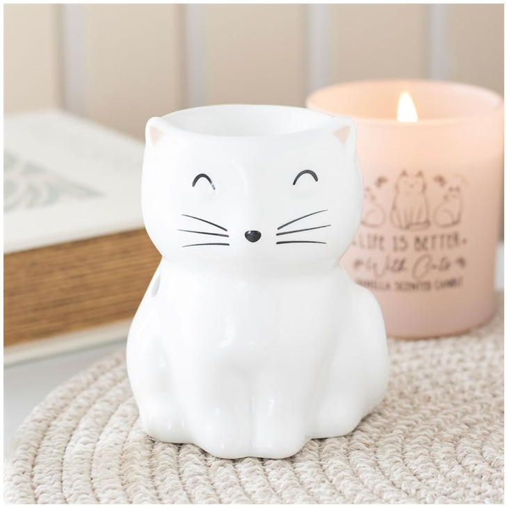 White Happy Cat Oil Burner | Ceramic Sitting Cat Wax Warmer | Cat Lover Gift