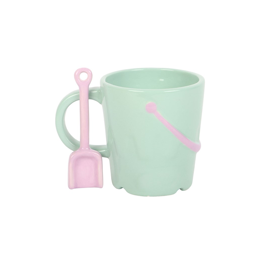 Pastel Bucket Mug with Spade Spoon | Novelty Coastal Ceramic Mug | 350ml