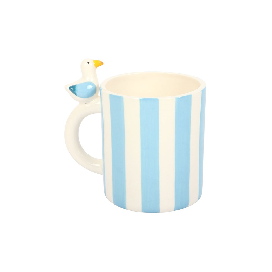 Striped Mug with Seagull | Coastal Ceramic Mug | Beach Hut Drinkware | 370ml