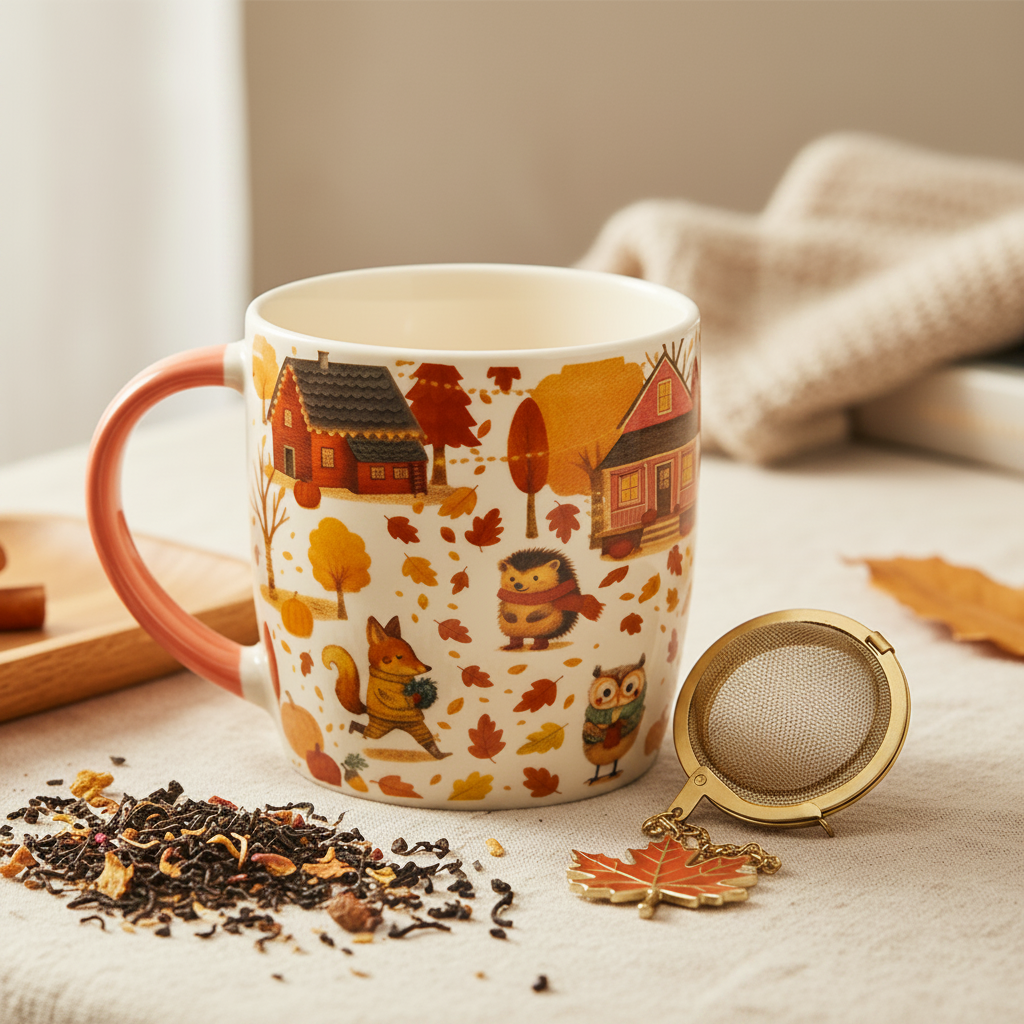 A ceramic mug with a warm autumn-themed print of houses, squirrels, hedgehogs, and fall leaves, styled on a table with loose tea, a metal tea strainer, and a knit blanket in the background.