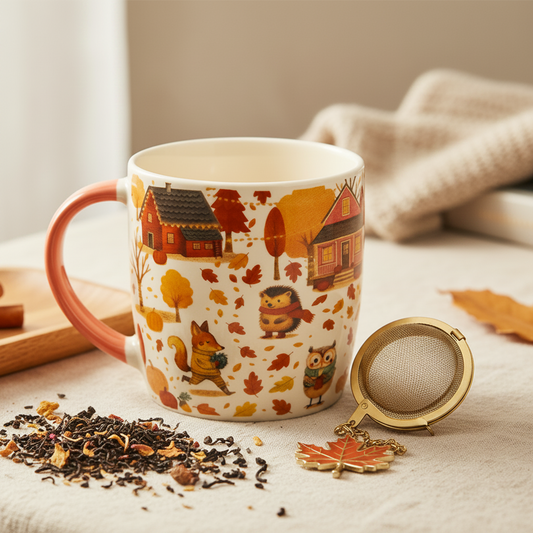 A ceramic mug with a warm autumn-themed print of houses, squirrels, hedgehogs, and fall leaves, styled on a table with loose tea, a metal tea strainer, and a knit blanket in the background.