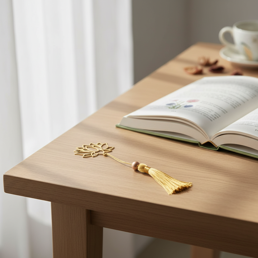 A gold-toned metal bookmark with a lotus-shaped top and tassel rests on a light wood table next to an open book, with a softly blurred cup in the background.