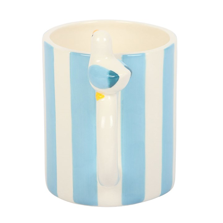 Striped Mug with Seagull | Coastal Ceramic Mug | Beach Hut Drinkware | 370ml