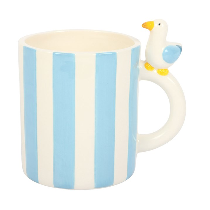 Striped Mug with Seagull | Coastal Ceramic Mug | Beach Hut Drinkware | 370ml