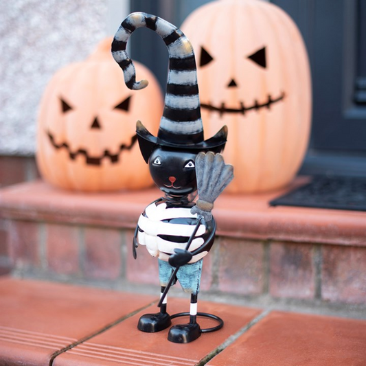 Metal Black Cat Ornament with Witch Hat | Halloween Garden & Home Décor