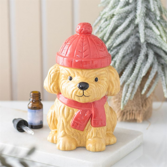 Winter Puppy Oil Burner with Bobble Hat Lid | Christmas Home Fragrance | Dog Lover Gift