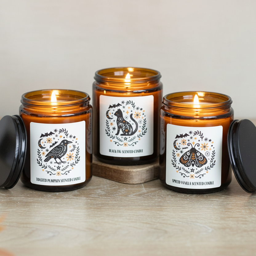 Three amber glass jar candles with black lids and white illustrated labels are arranged on a light wood surface against a soft beige background. 