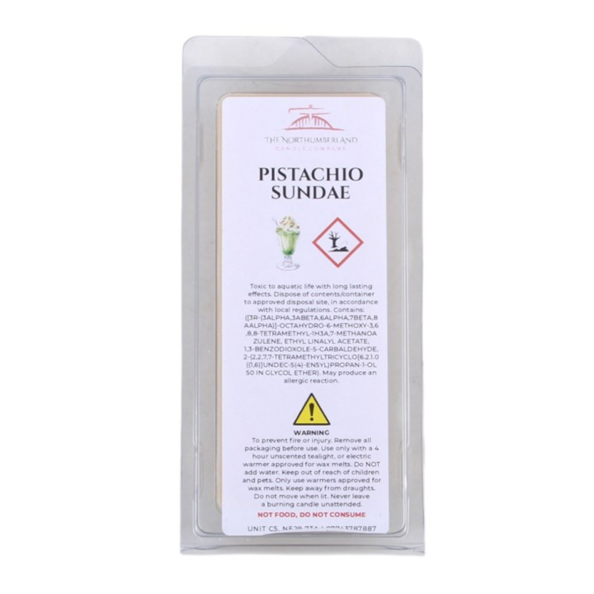A packaged product labeled 'Pistachio Sundae' by The North Shore Bakery, shown in a clear plastic sleeve on a plain white background.