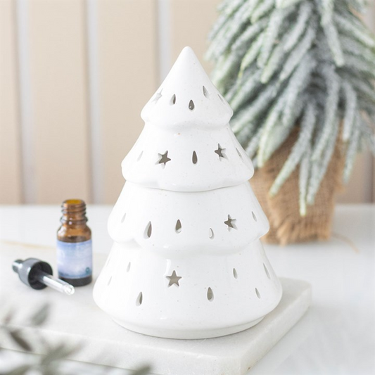 White Winter Fir Tree Ceramic Oil Burner | Starry Cut-Out Christmas Home Fragrance