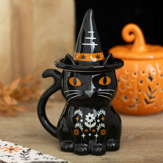 Frightful Folk Black Cat Lidded Mug | Witchy Halloween Drinkware & Gothic Gift