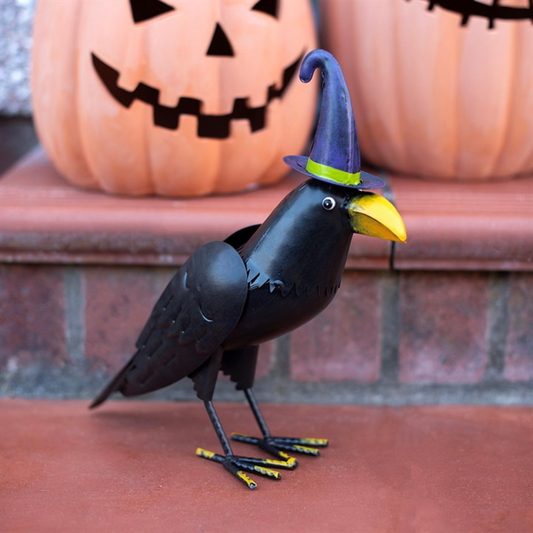 Metal Raven Ornament with Witch Hat | Gothic Halloween Garden & Home Décor