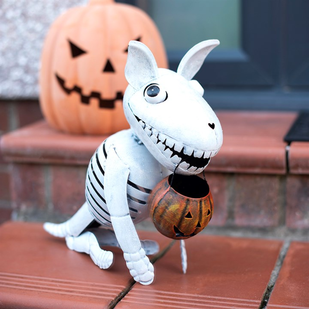 Metal Skeleton Dog Ornament with Pumpkin | Halloween Garden & Home Décor