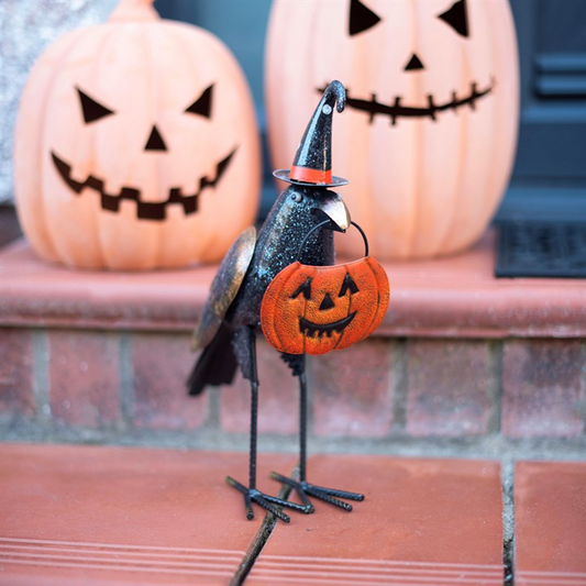 Metal Glitter Raven Ornament with Witch Hat & Pumpkin | Halloween Decoration