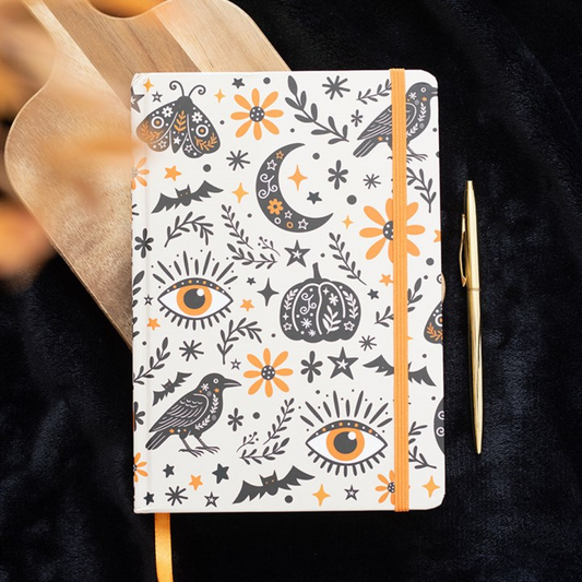 Frightful Folk Print A5 Notebook | Gold Edge Pages | Lined Journal with Ribbon & Elastic Closure