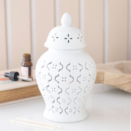 Moroccan Lantern Cut-Out Ceramic Oil Burner & Wax Warmer | 23cm | White