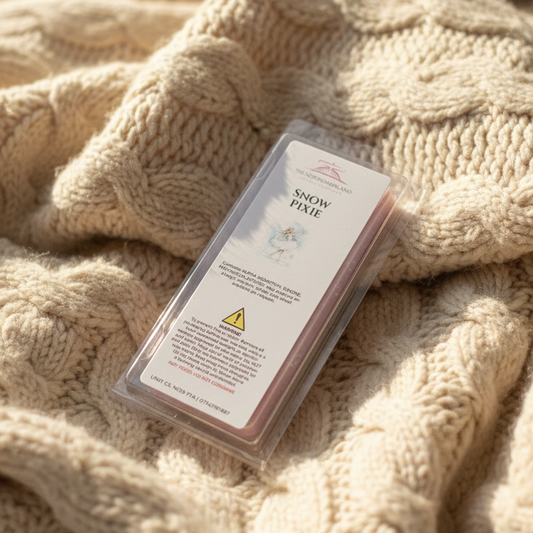 A packaged wax melt or scented melt block labeled 'Snow Tale' rests on a chunky cream cable-knit blanket in a softly lit indoor setting.