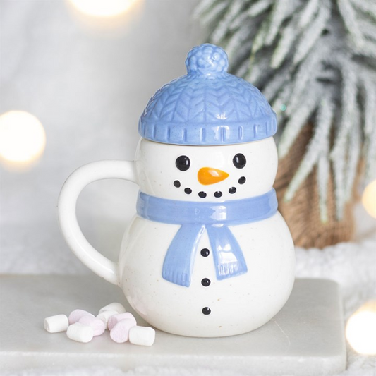 Winter Snowman Lidded Mug with Bobble Hat Lid | 470ml | Festive Christmas Drinkware