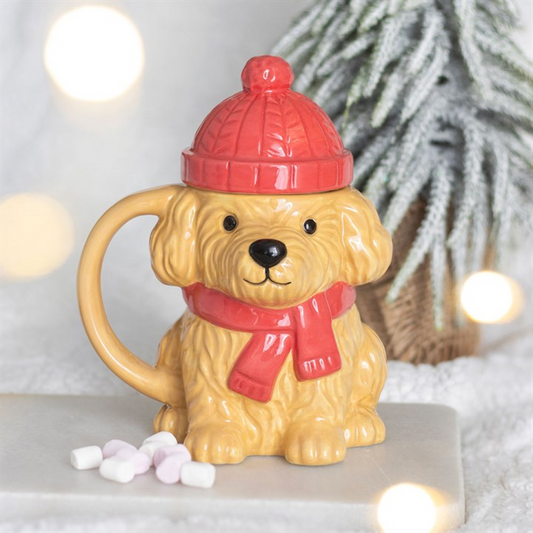 Winter Puppy Lidded Mug with Bobble Hat Lid | 480ml | Festive Christmas Drinkware