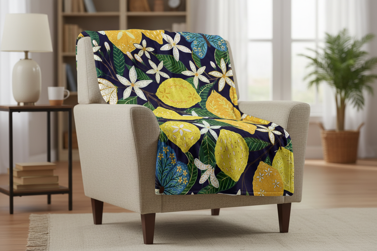 Lemon Flower Print Throw Blanket