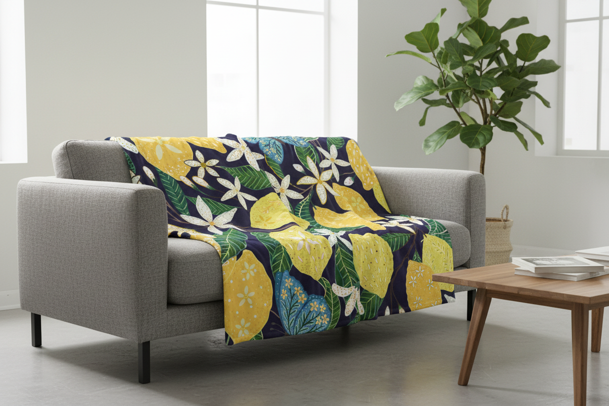 Lemon Flower Print Throw Blanket