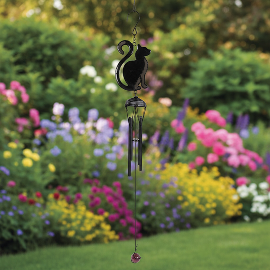 Black cat-shaped wind chime with a mature garden in the background 