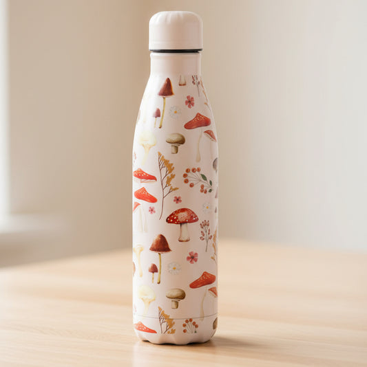All Over Mushroom Print Metal Water Bottle
