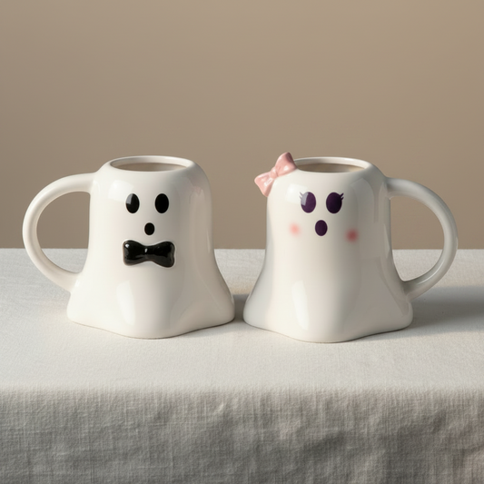 Mr and Mrs Boo Ghost Shaped Mug Set | Halloween Couples Gift & Spooky Mug Duo