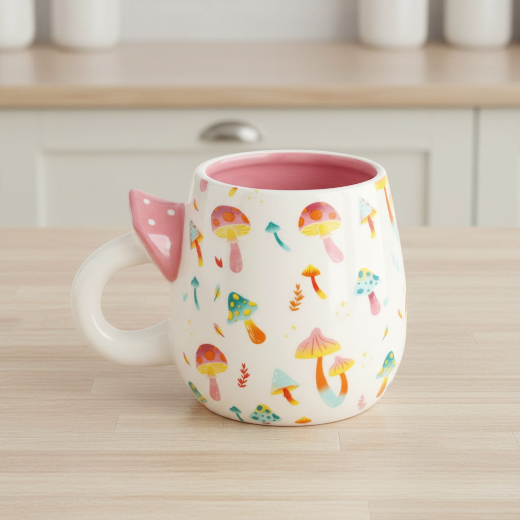 Funky Fungi Print Mug with Mushroom Handle