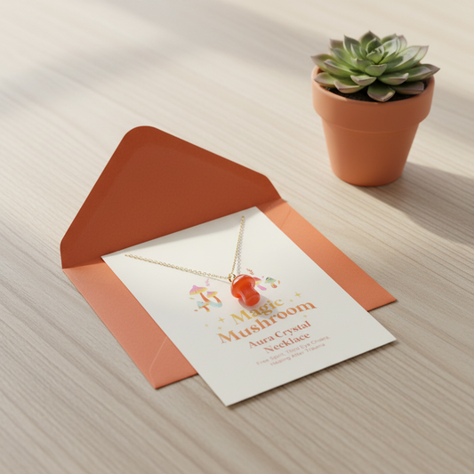 Orange Aura Crystal Mushroom Necklace Greeting Card