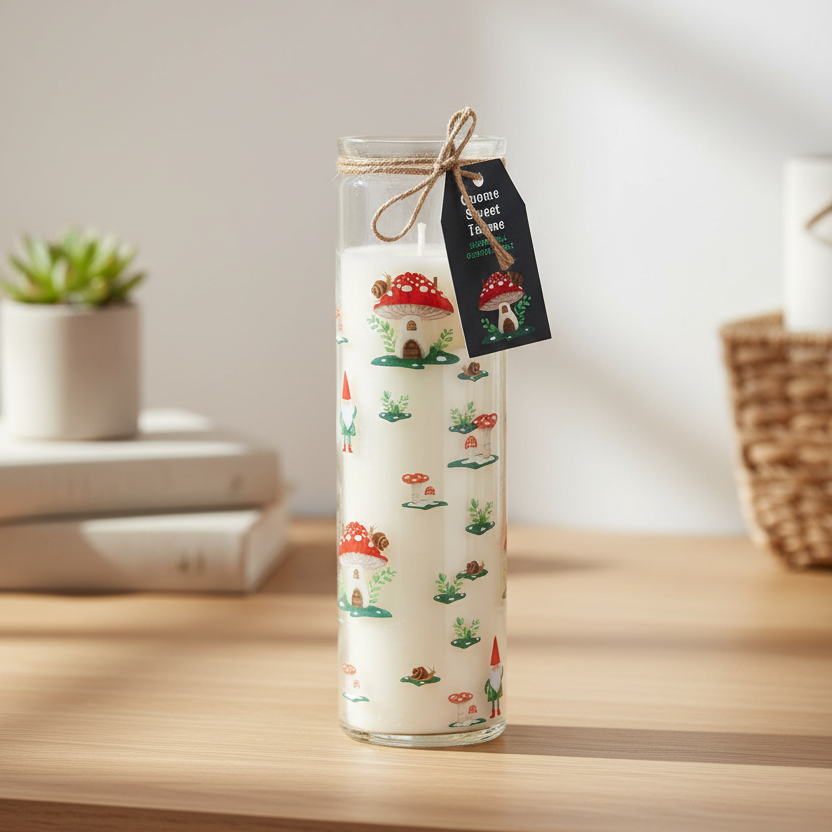 Tall cylindrical container with nature-themed design on a wooden surface
