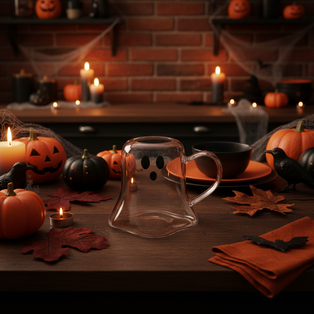 A glass ghost-shaped mug on a worktop surrounded by Halloween decorations