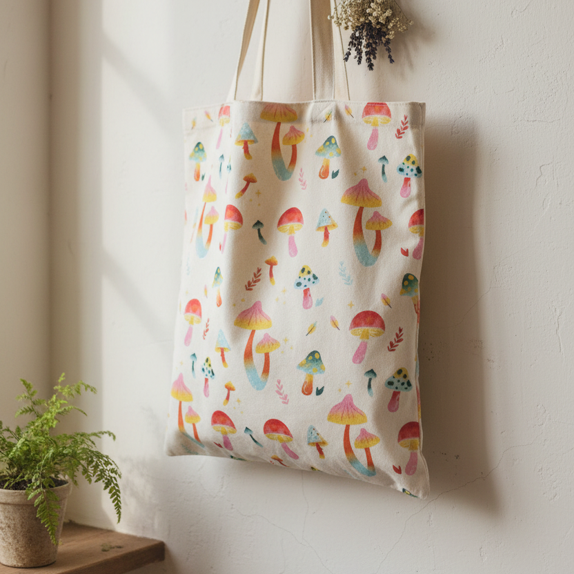 Funky Fungi Mushroom Print Polycotton Tote Bag