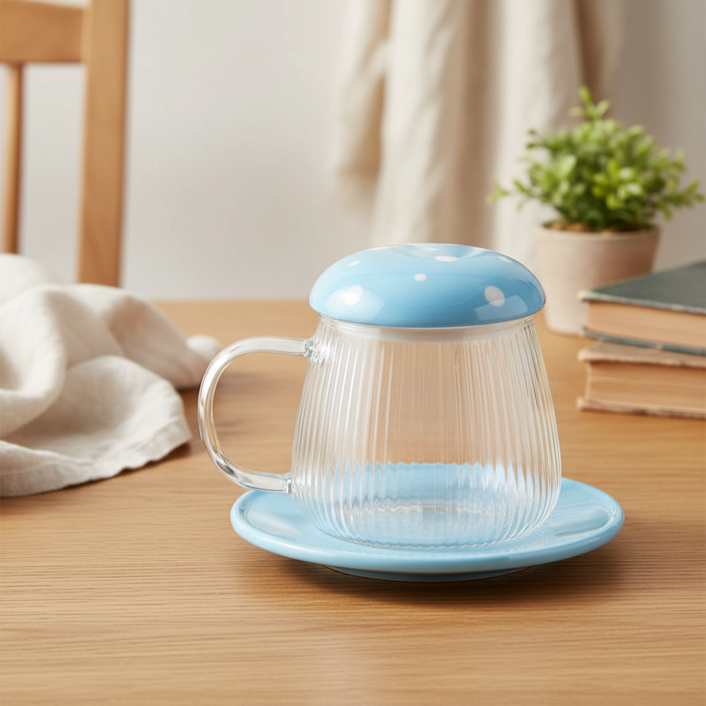 Blue Glass Mushroom Mug and Saucer
