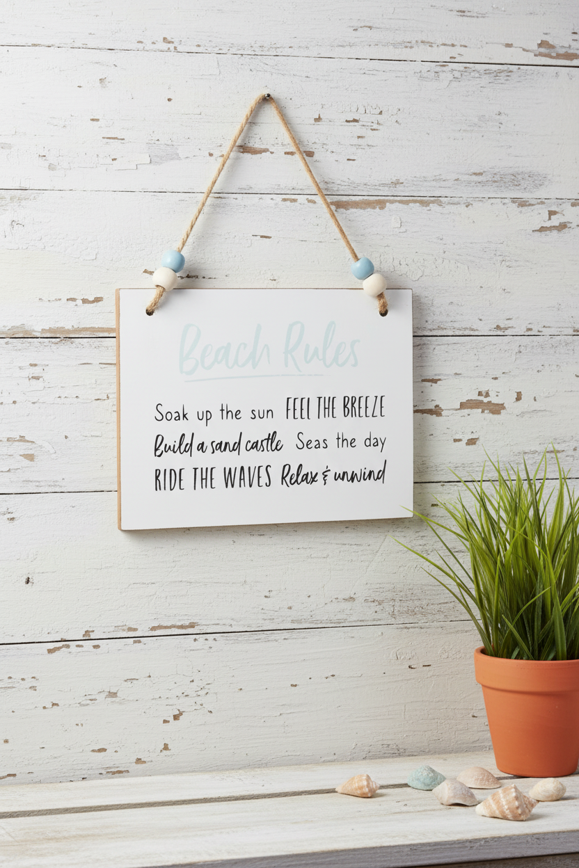 Beach Rules Hanging Sign | Coastal Wooden Wall Décor | Seaside Gift