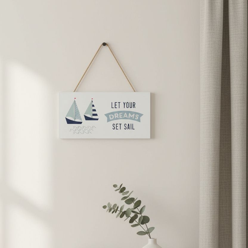 Decorative sign with sailboats and text on a wall above a shelf with folded clothes and a vase.