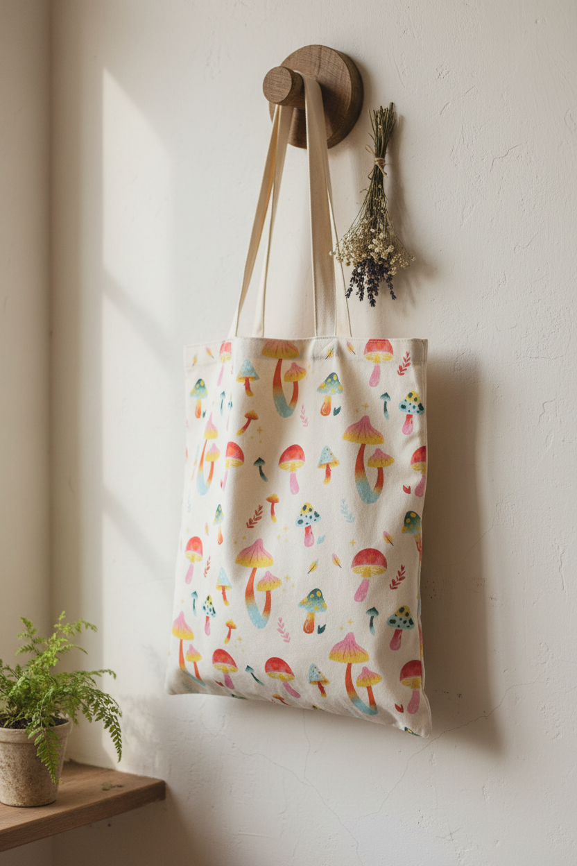 Funky Fungi Mushroom Print Polycotton Tote Bag
