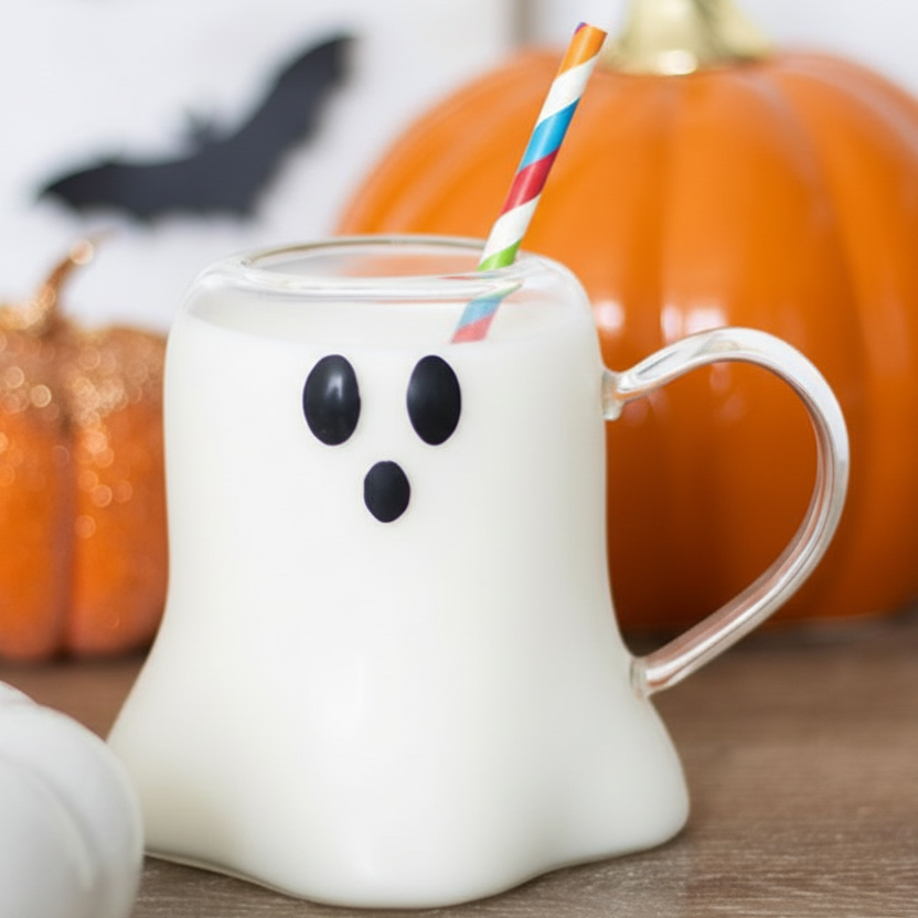Ghost-shaped mug with a straw in front of pumpkins
