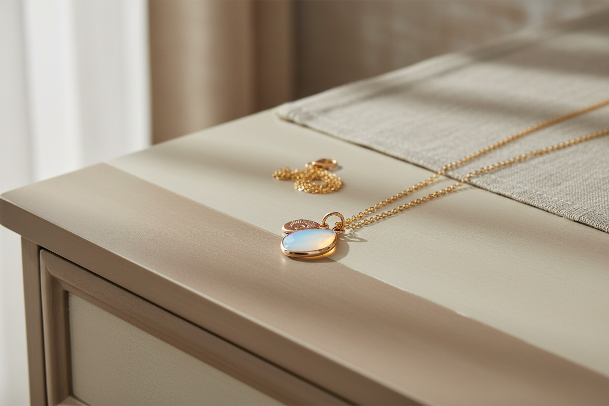 Gold necklaces with pendants on a light wooden surface